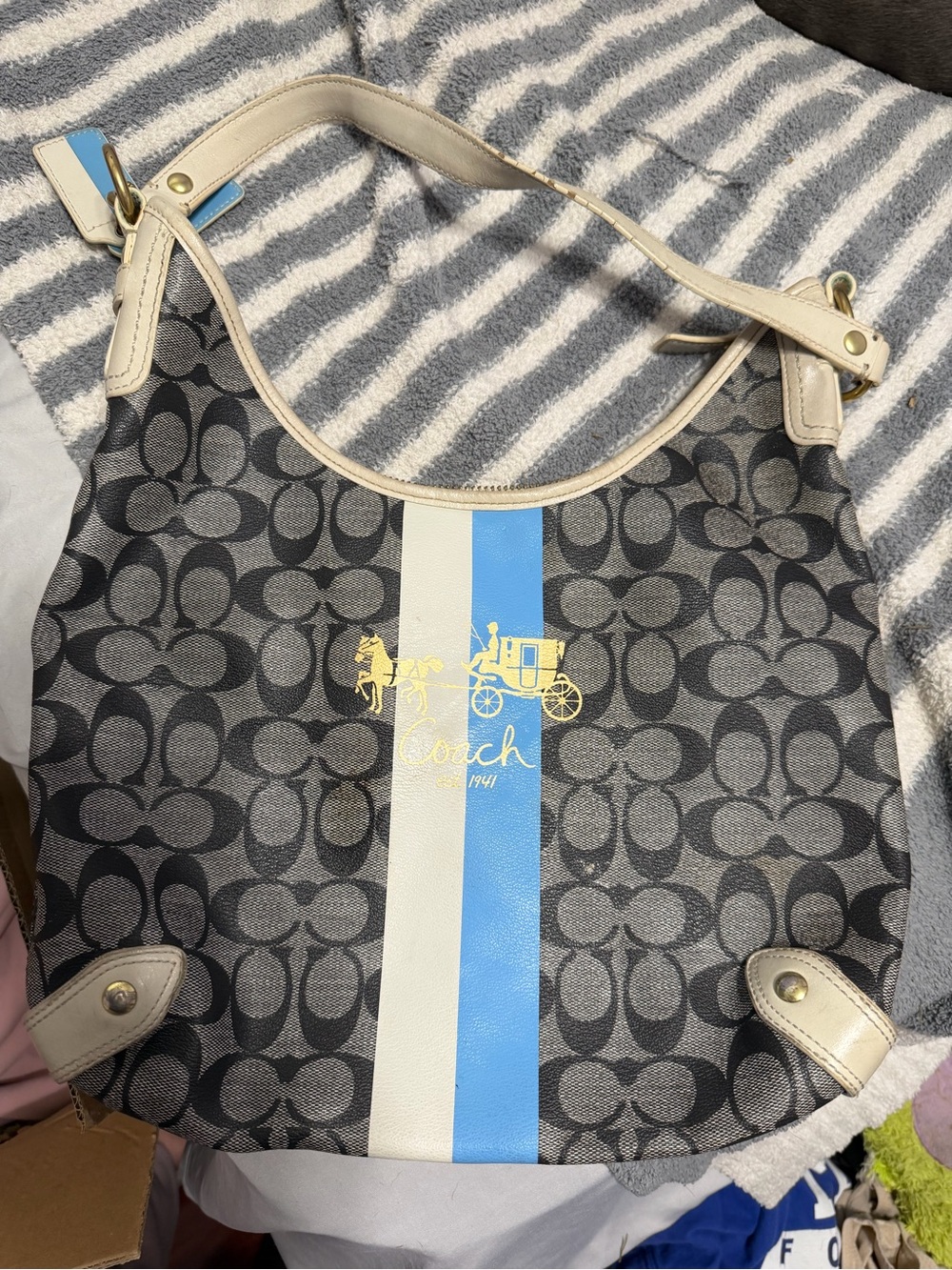Coach Black Signature Hobo with Blue & White Center Stripe